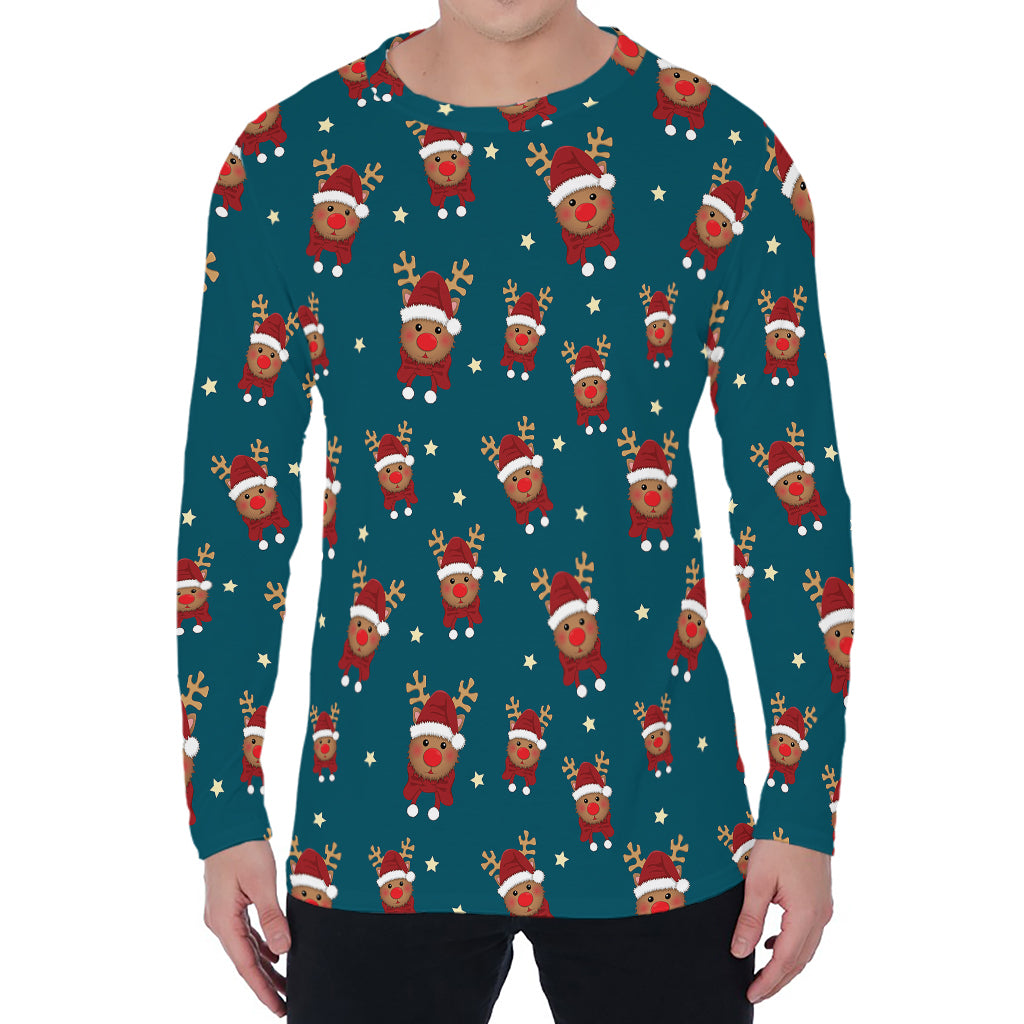 Christmas Santa Reindeer Pattern Print Men's Long Sleeve T-Shirt