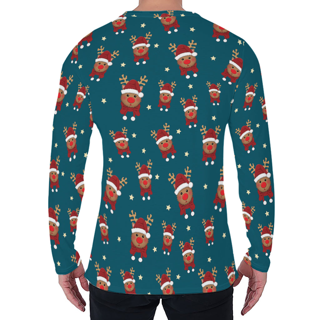 Christmas Santa Reindeer Pattern Print Men's Long Sleeve T-Shirt