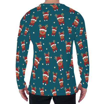 Christmas Santa Reindeer Pattern Print Men's Long Sleeve T-Shirt