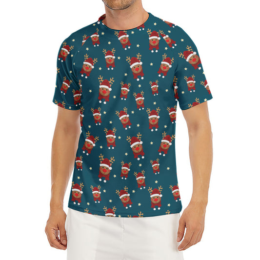 Christmas Santa Reindeer Pattern Print Men's Short Sleeve Rash Guard