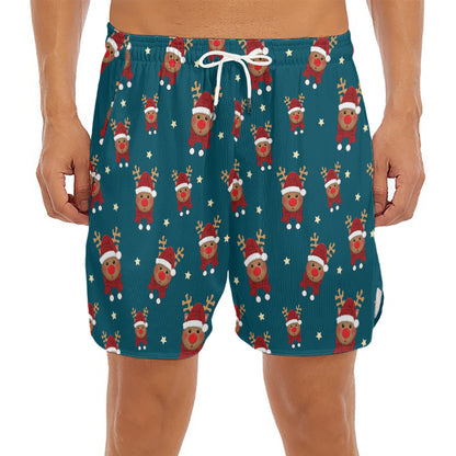Christmas Santa Reindeer Pattern Print Men's Split Running Shorts