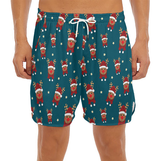 Christmas Santa Reindeer Pattern Print Men's Split Running Shorts