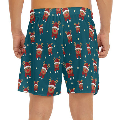 Christmas Santa Reindeer Pattern Print Men's Split Running Shorts