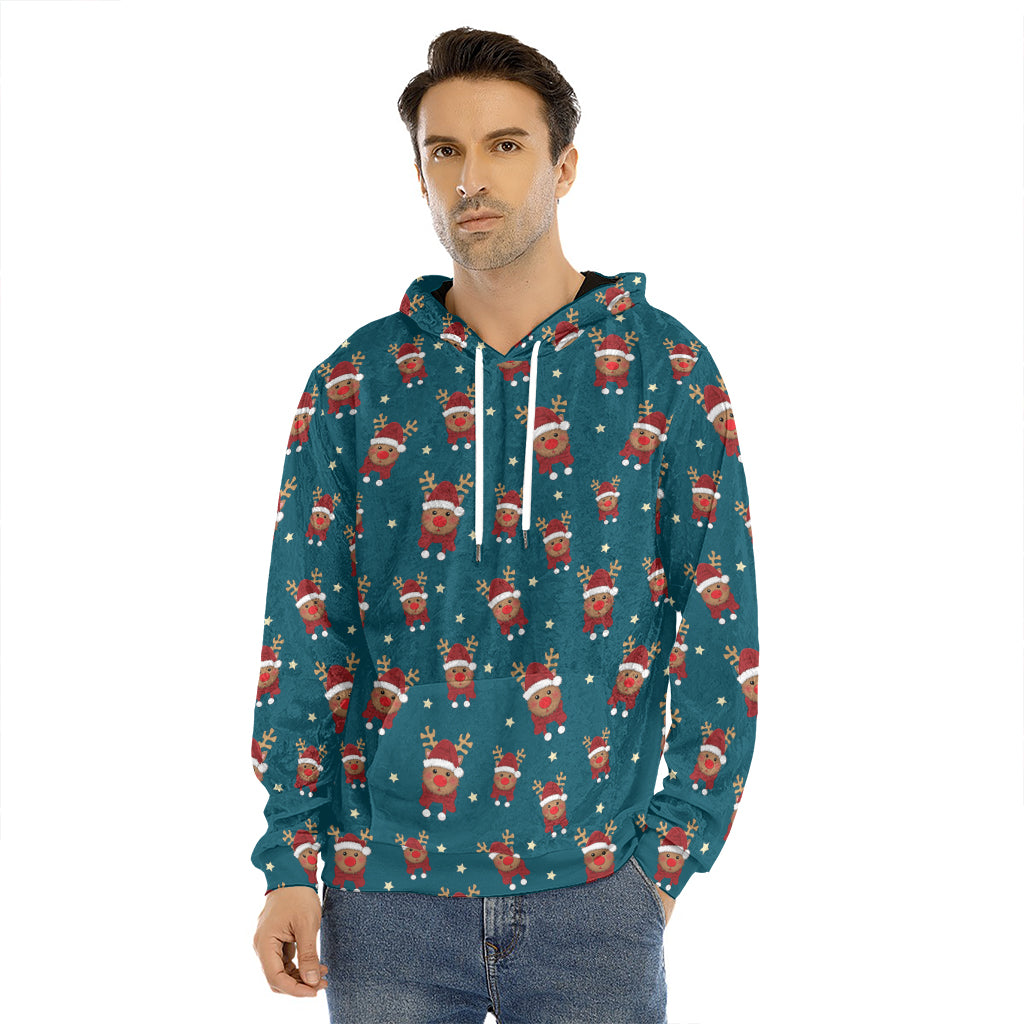 Christmas Santa Reindeer Pattern Print Men's Velvet Pullover Hoodie