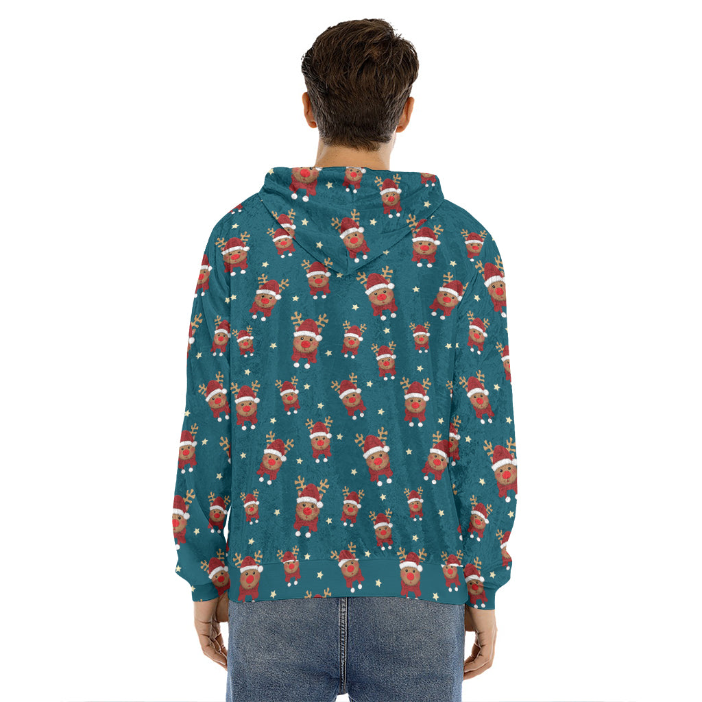 Christmas Santa Reindeer Pattern Print Men's Velvet Pullover Hoodie