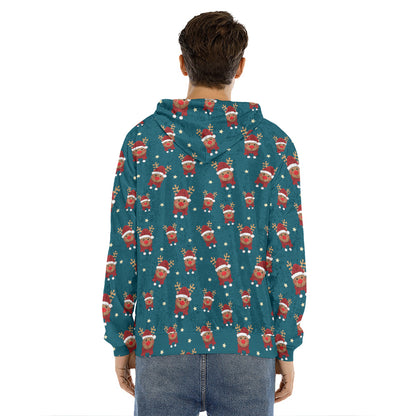 Christmas Santa Reindeer Pattern Print Men's Velvet Pullover Hoodie