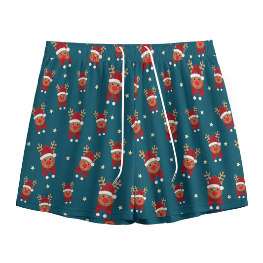 Christmas Santa Reindeer Pattern Print Mesh Shorts