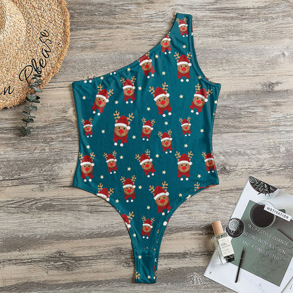 Christmas Santa Reindeer Pattern Print One Shoulder Bodysuit