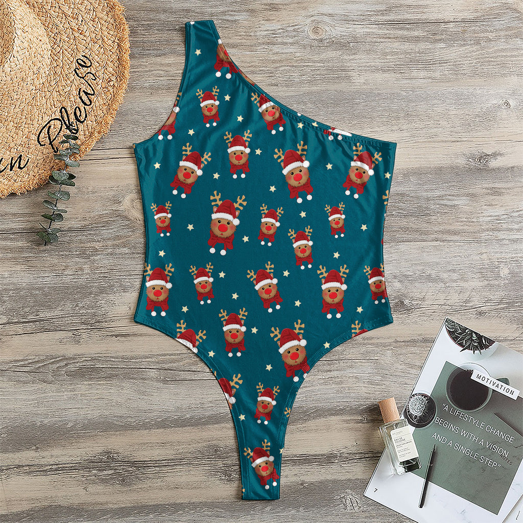 Christmas Santa Reindeer Pattern Print One Shoulder Bodysuit