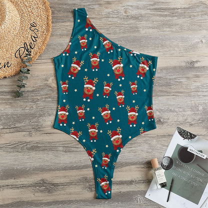 Christmas Santa Reindeer Pattern Print One Shoulder Bodysuit
