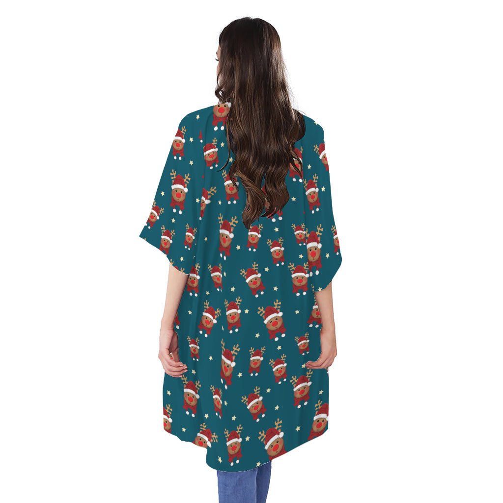 Christmas Santa Reindeer Pattern Print Open Front Beach Cover Up