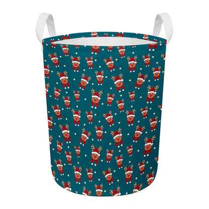 Christmas Santa Reindeer Pattern Print Round Laundry Basket