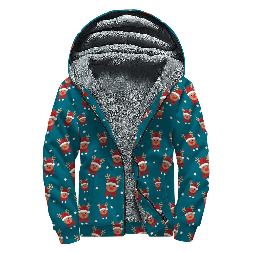 Christmas Santa Reindeer Pattern Print Sherpa Lined Zip Up Hoodie