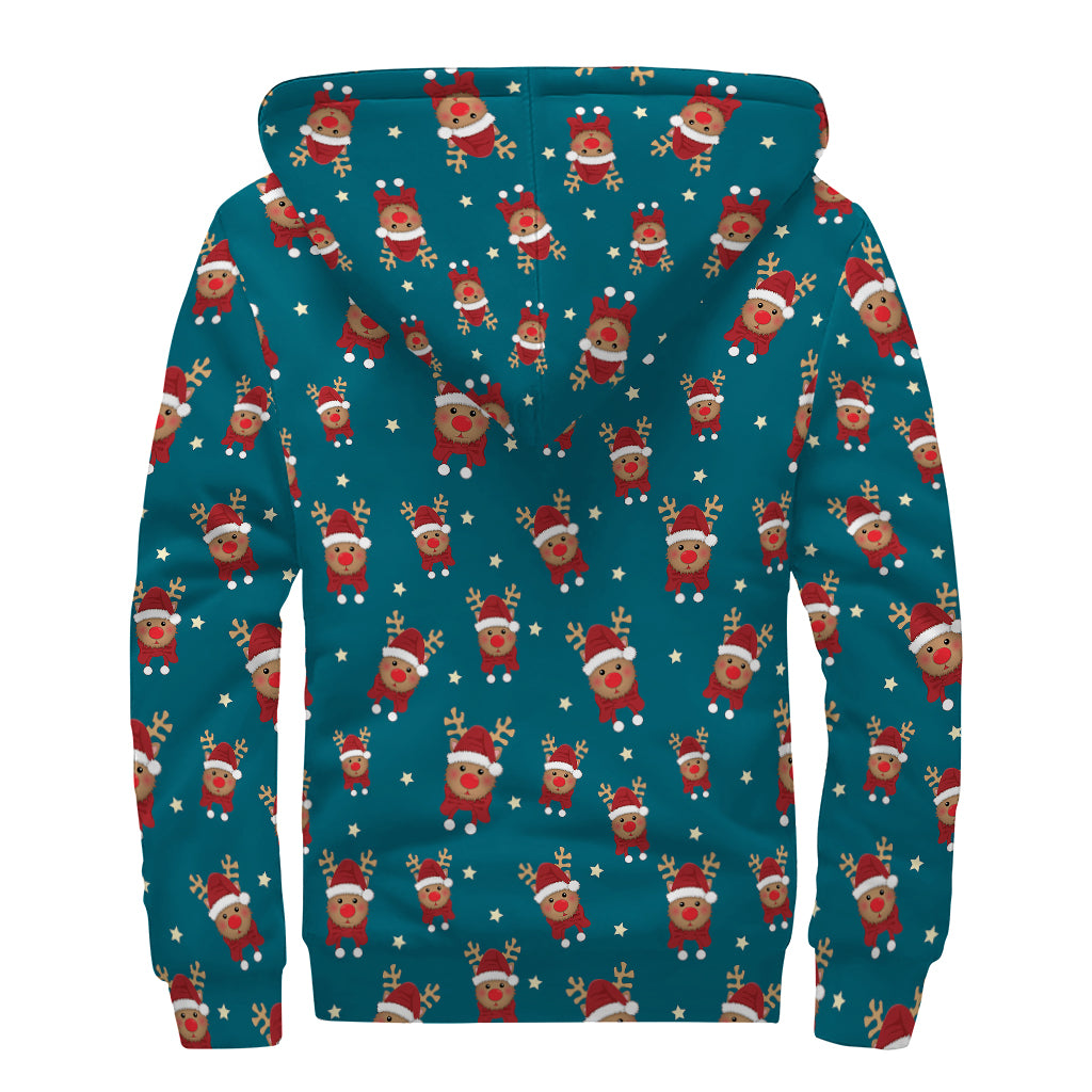 Christmas Santa Reindeer Pattern Print Sherpa Lined Zip Up Hoodie