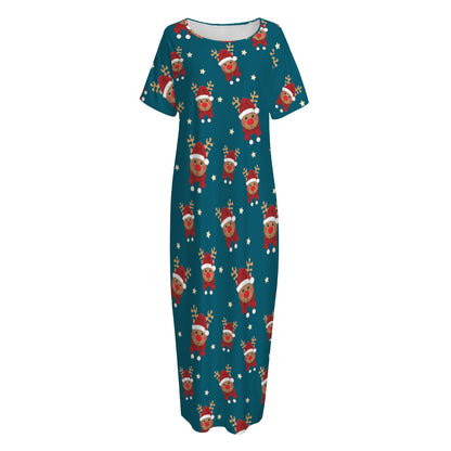 Christmas Santa Reindeer Pattern Print Short Sleeve Long Nightdress