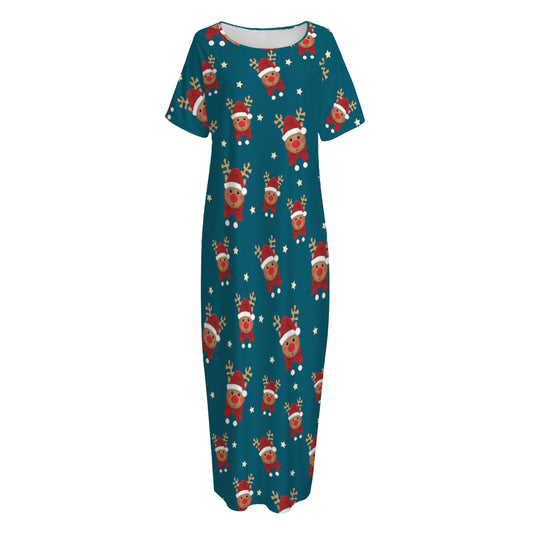 Christmas Santa Reindeer Pattern Print Short Sleeve Long Nightdress