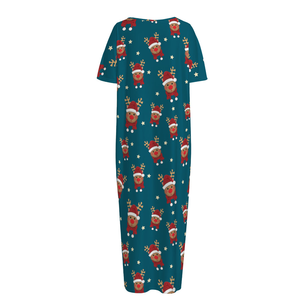Christmas Santa Reindeer Pattern Print Short Sleeve Long Nightdress