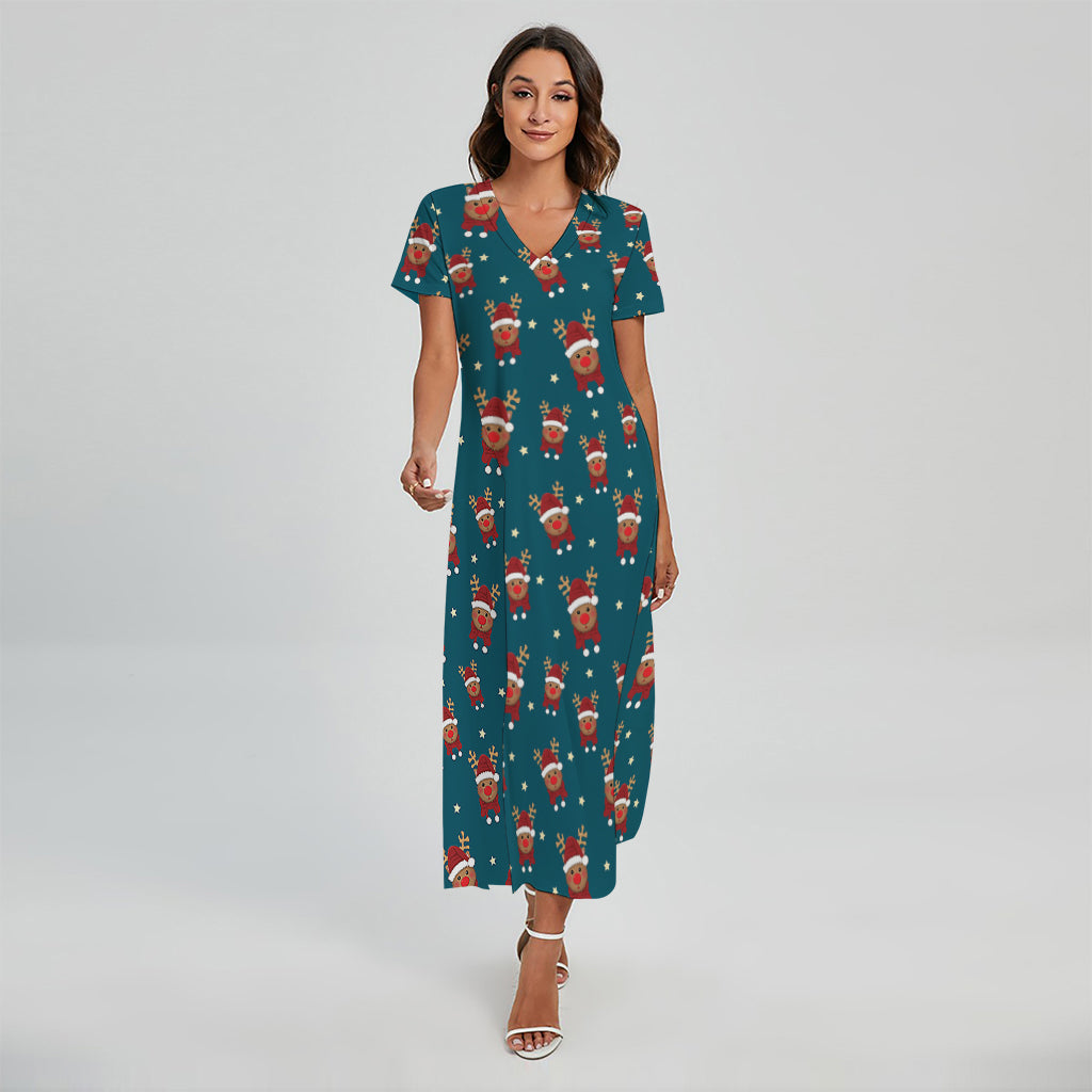 Christmas Santa Reindeer Pattern Print Short Sleeve Maxi Dress