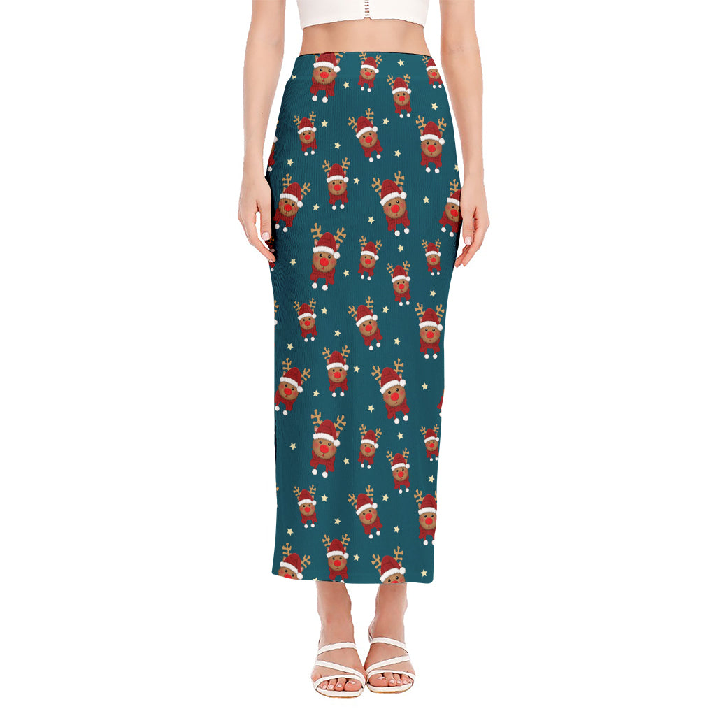 Christmas Santa Reindeer Pattern Print Side Slit Maxi Skirt