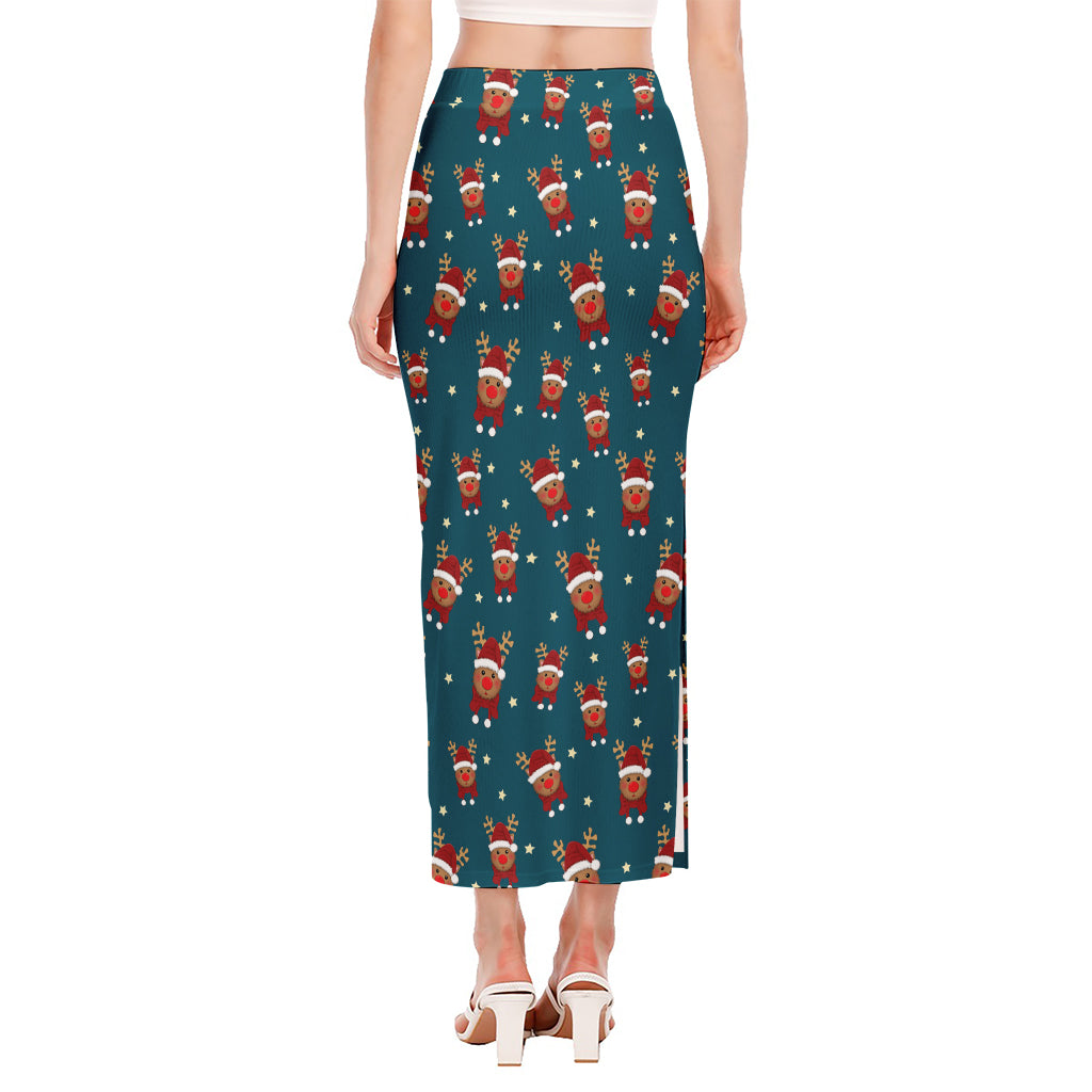 Christmas Santa Reindeer Pattern Print Side Slit Maxi Skirt