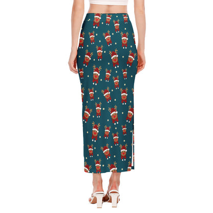 Christmas Santa Reindeer Pattern Print Side Slit Maxi Skirt