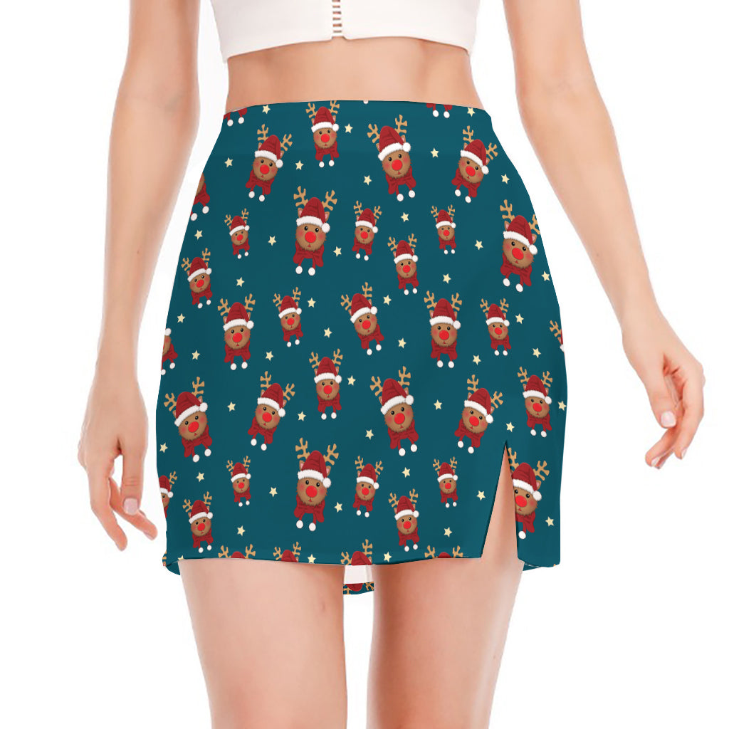 Christmas Santa Reindeer Pattern Print Side Slit Mini Skirt