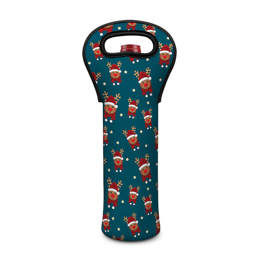 Christmas Santa Reindeer Pattern Print Single Neoprene Wine Tote
