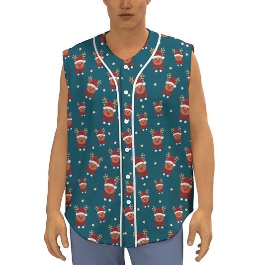 Christmas Santa Reindeer Pattern Print Sleeveless Baseball Jersey