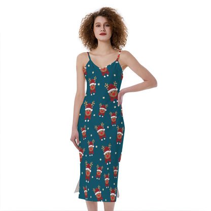 Christmas Santa Reindeer Pattern Print Slim Fit Midi Cami Dress