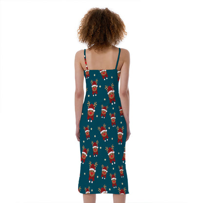 Christmas Santa Reindeer Pattern Print Slim Fit Midi Cami Dress
