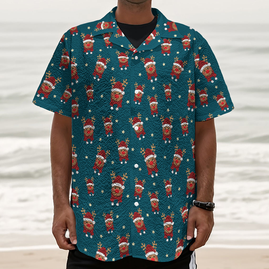 Christmas Santa Reindeer Pattern Print Textured Short Sleeve Shirt