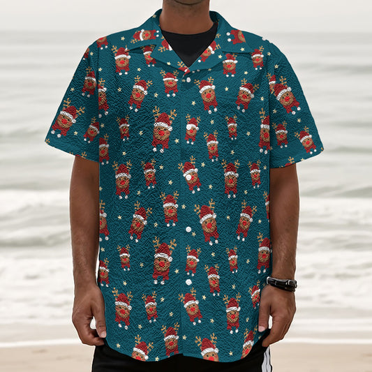 Christmas Santa Reindeer Pattern Print Textured Short Sleeve Shirt