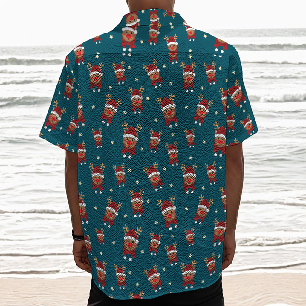 Christmas Santa Reindeer Pattern Print Textured Short Sleeve Shirt