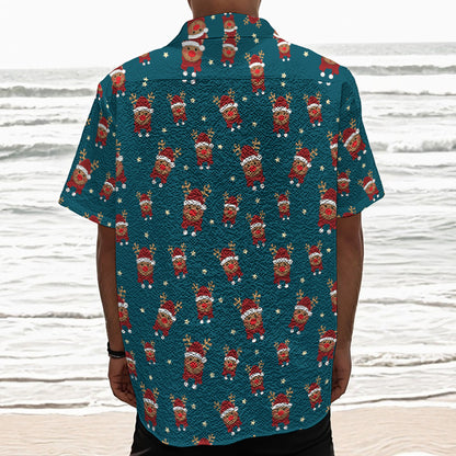 Christmas Santa Reindeer Pattern Print Textured Short Sleeve Shirt