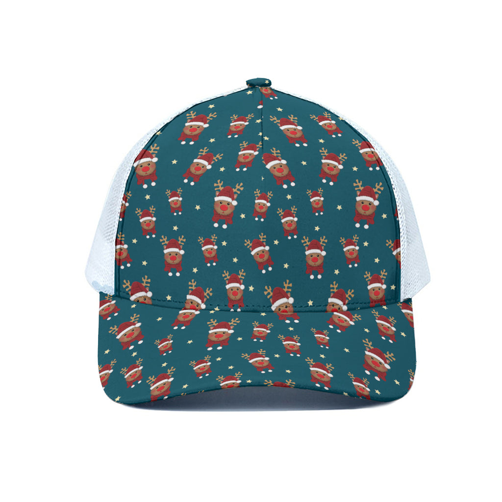 Christmas Santa Reindeer Pattern Print White Mesh Trucker Cap