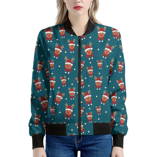 Christmas Santa Reindeer Pattern Print Women's Bomber Jacket