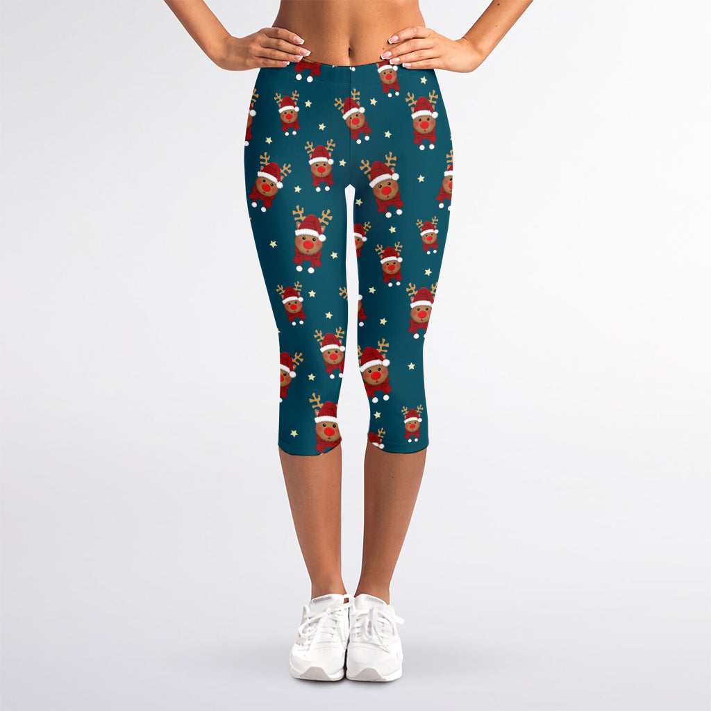 Christmas Santa Reindeer Pattern Print Women's Capri Leggings