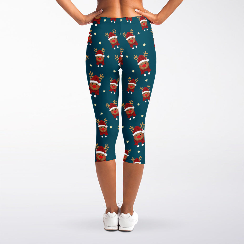 Christmas Santa Reindeer Pattern Print Women's Capri Leggings