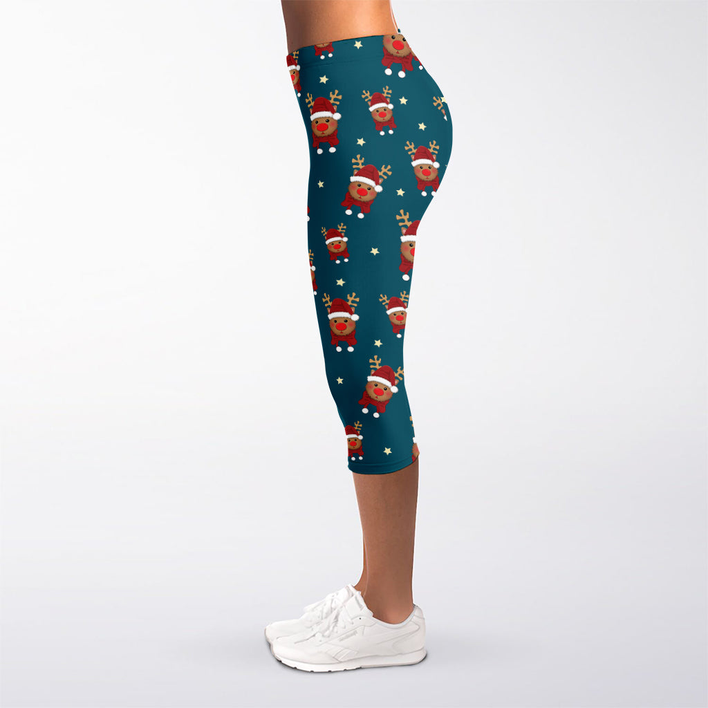 Christmas Santa Reindeer Pattern Print Women's Capri Leggings