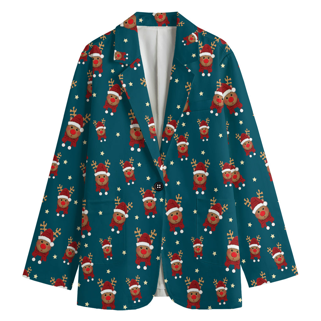 Christmas Santa Reindeer Pattern Print Women's Cotton Blazer