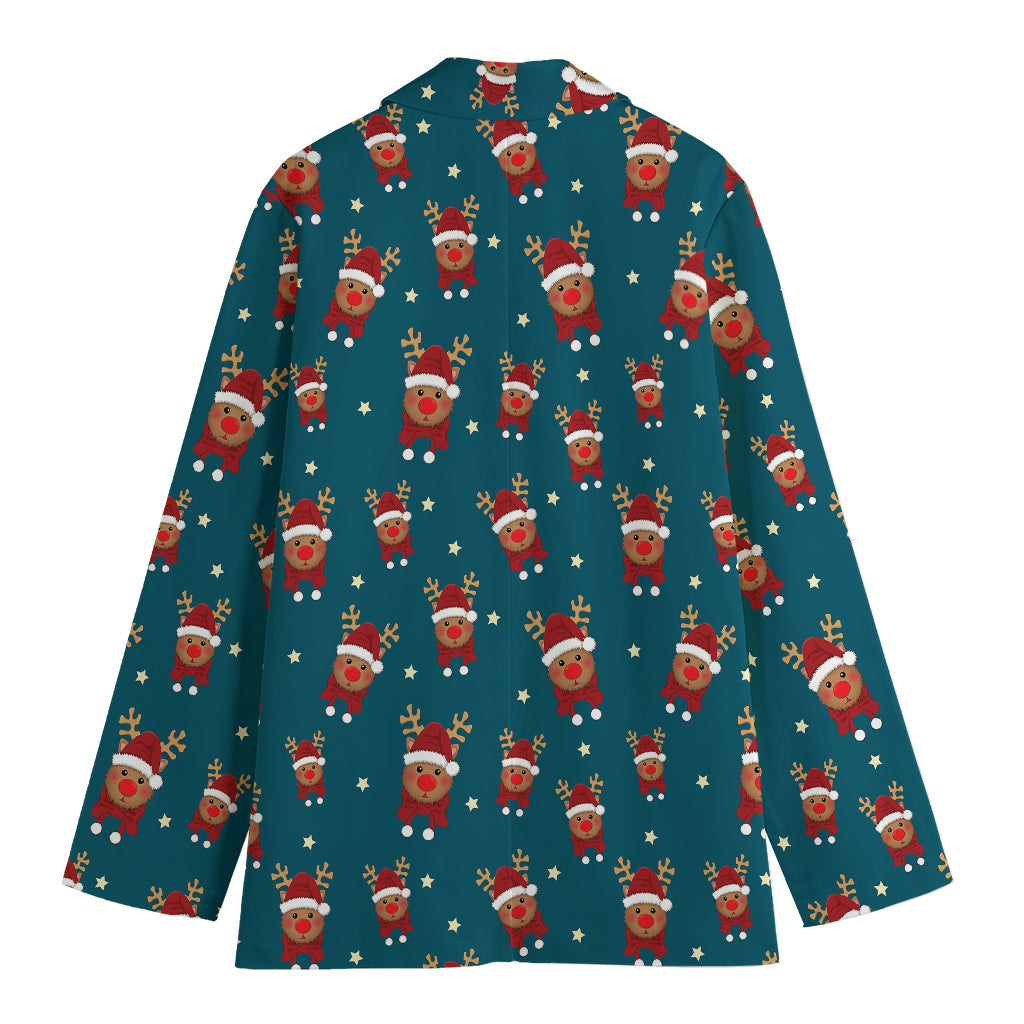 Christmas Santa Reindeer Pattern Print Women's Cotton Blazer