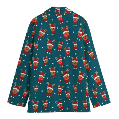 Christmas Santa Reindeer Pattern Print Women's Cotton Blazer