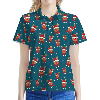 Christmas Santa Reindeer Pattern Print Women's Polo Shirt