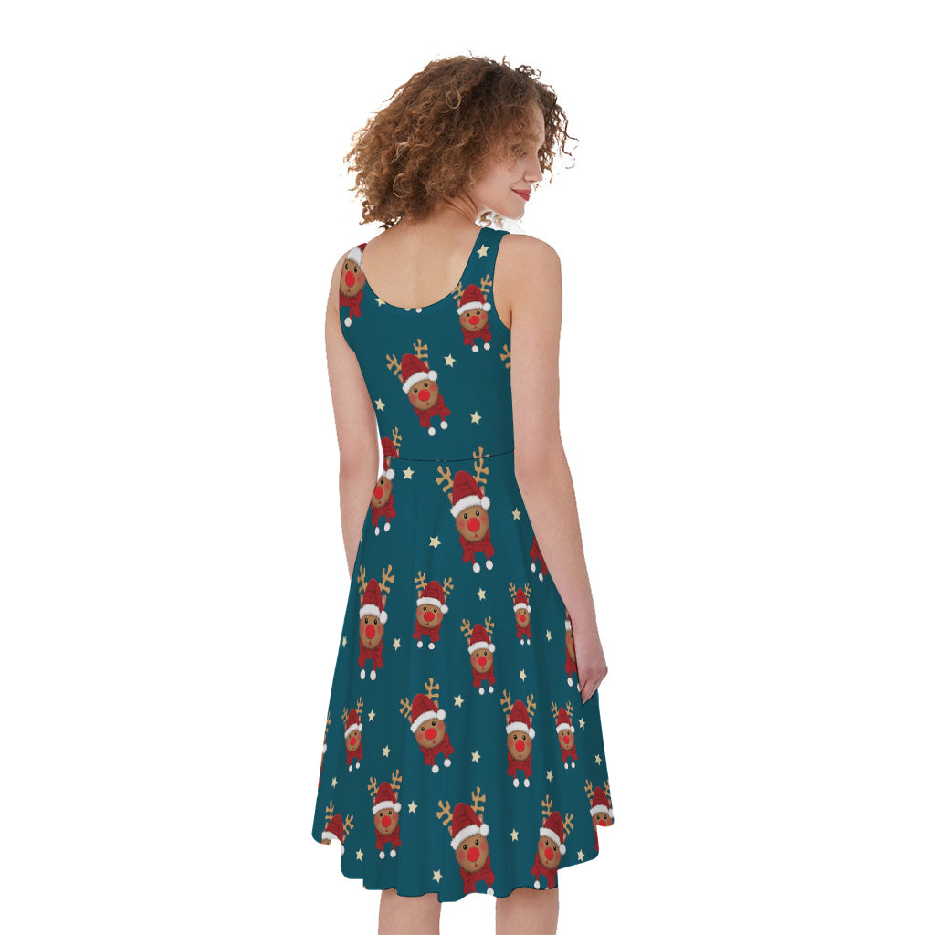 Christmas Santa Reindeer Pattern Print Women's Sleeveless Dress