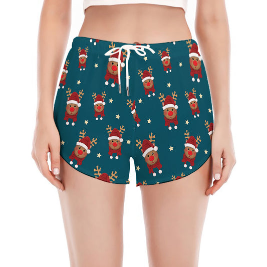 Christmas Santa Reindeer Pattern Print Women's Split Running Shorts