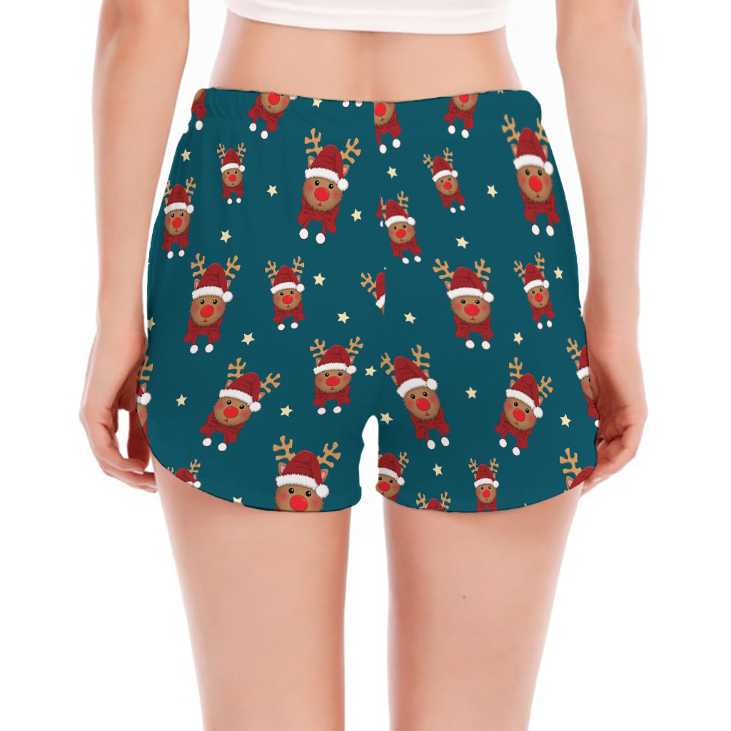 Christmas Santa Reindeer Pattern Print Women's Split Running Shorts