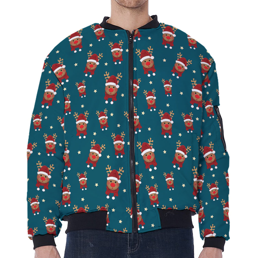 Christmas Santa Reindeer Pattern Print Zip Sleeve Bomber Jacket