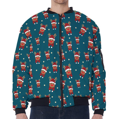 Christmas Santa Reindeer Pattern Print Zip Sleeve Bomber Jacket