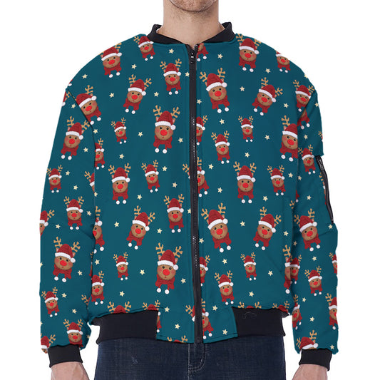Christmas Santa Reindeer Pattern Print Zip Sleeve Bomber Jacket