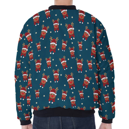 Christmas Santa Reindeer Pattern Print Zip Sleeve Bomber Jacket
